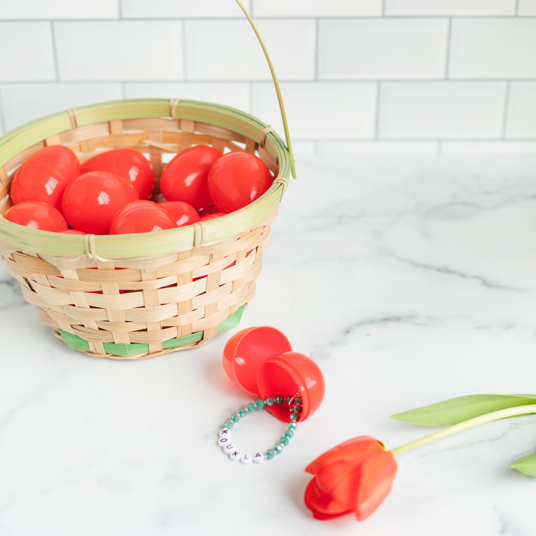 Red Easter Eggs and Easter Basket