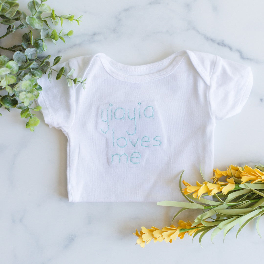 Baby & Toddler - "yiayia Loves Me" Onesie Hand Sewn