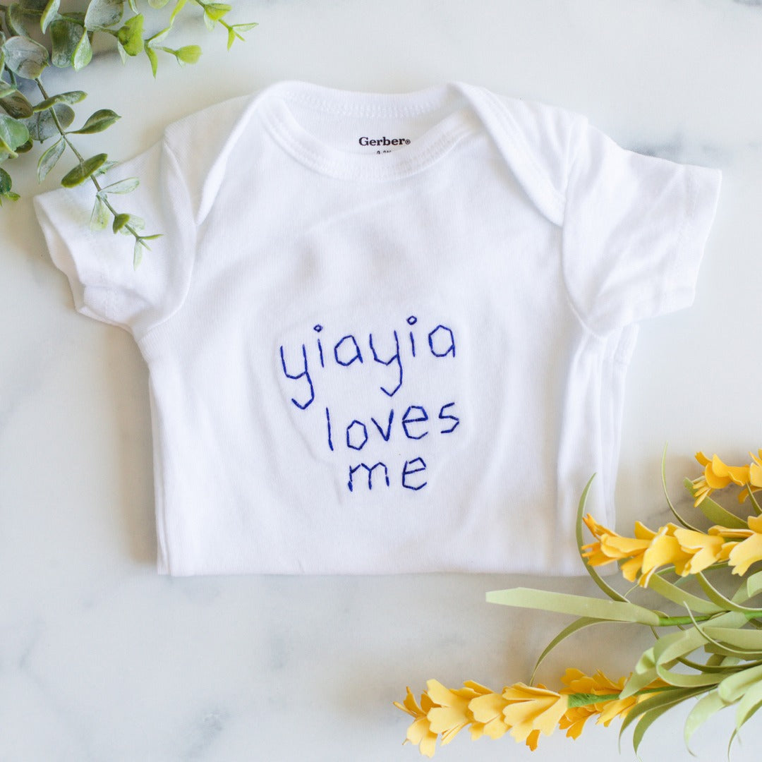 Baby & Toddler - "yiayia Loves Me" Onesie Hand Sewn
