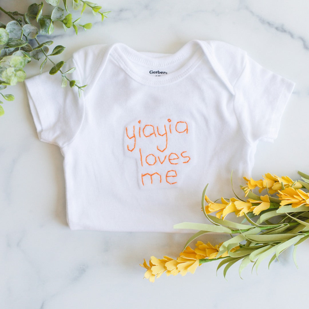 Baby & Toddler - "yiayia Loves Me" Onesie Hand Sewn