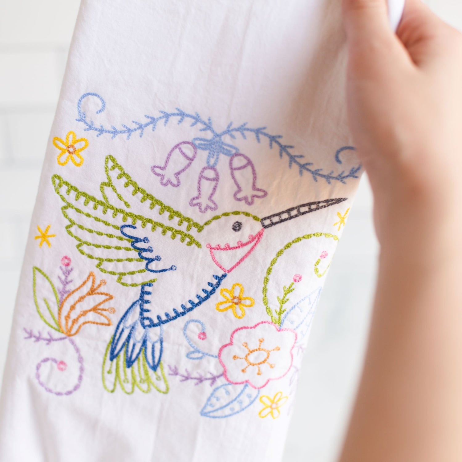 Embroidered Hummingbird Cotton Kitchen Towel