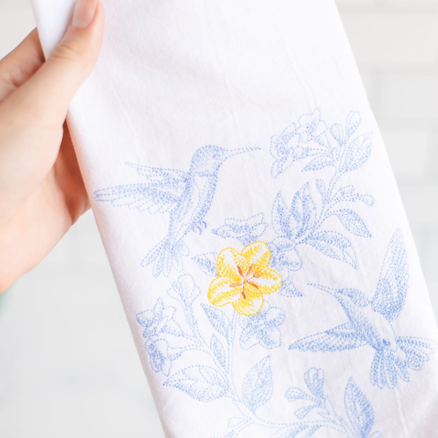 Embroidered Toile Hummingbird Spring Kitchen Towel