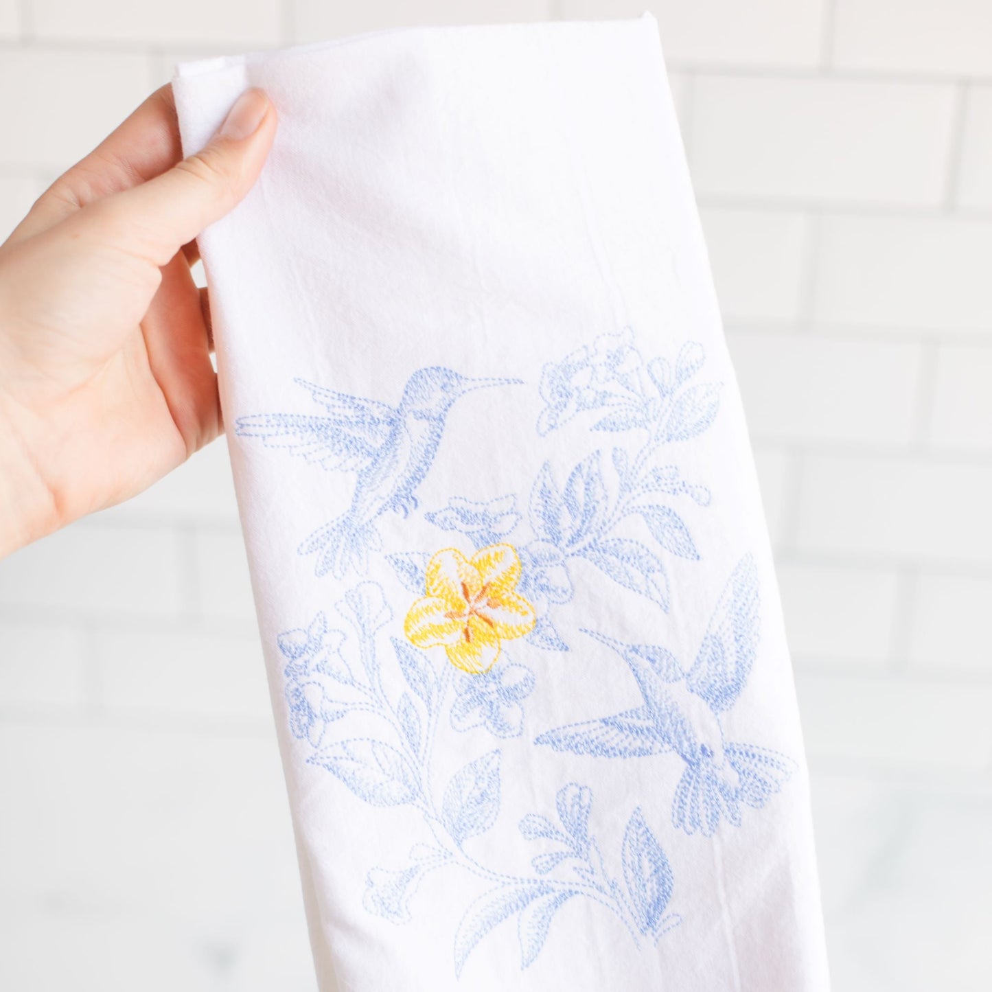 Embroidered Toile Hummingbird Spring Kitchen Towel
